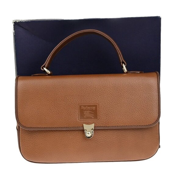 Burberrys Logo Nova Check Top Handle Hand Bag Leather Brown GHW - Picture 1 of 16
